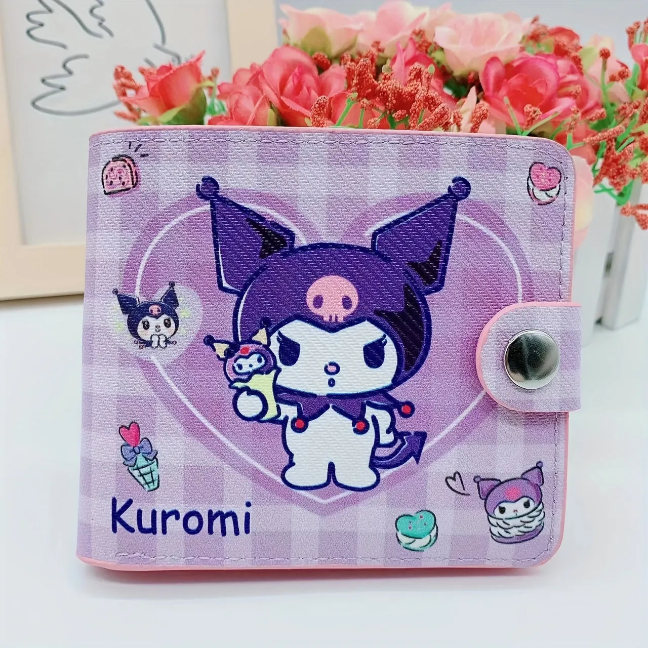 1pc Sanrio Kawaii Bi-Fold PU Leather Cartoon Wallet with Buckle Closure, Polyester Lining, Slip Pocket, and Foldable Design
