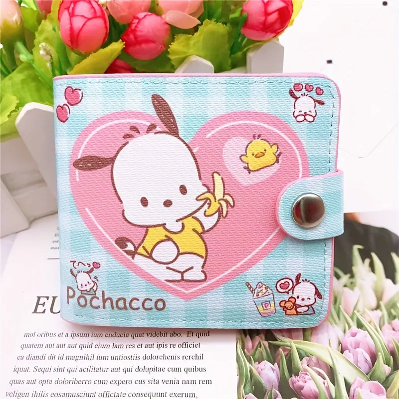 1pc Sanrio Kawaii Bi-Fold PU Leather Cartoon Wallet with Buckle Closure, Polyester Lining, Slip Pocket, and Foldable Design