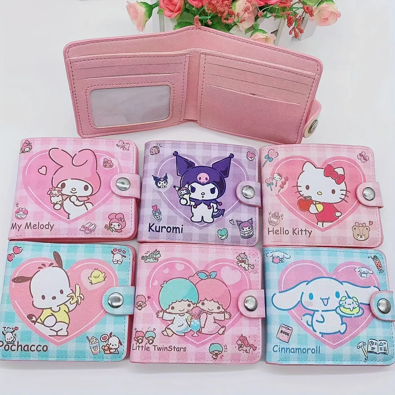 1pc Sanrio Kawaii Bi-Fold PU Leather Cartoon Wallet with Buckle Closure, Polyester Lining, Slip Pocket, and Foldable Design