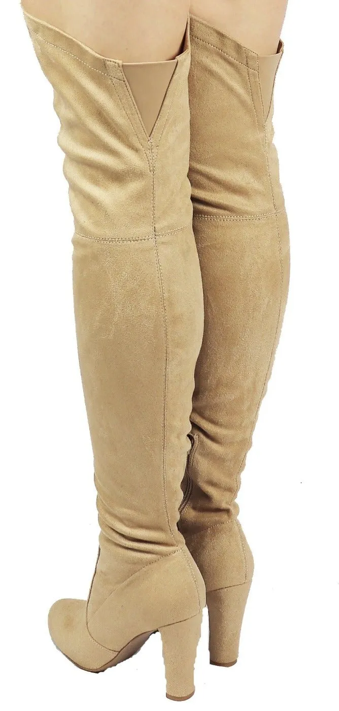 AMAYA-93B Wild Diva Women Stretchy Suede Chunky Heel Thigh High Over The Knee Boots Stretchy