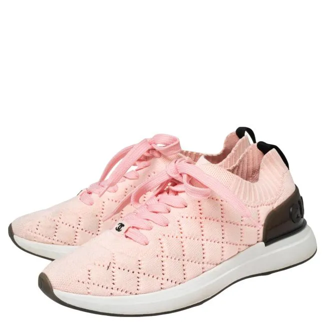CHANEL PINK KNIT FABRIC CC LOW TOP SNEAKERS
