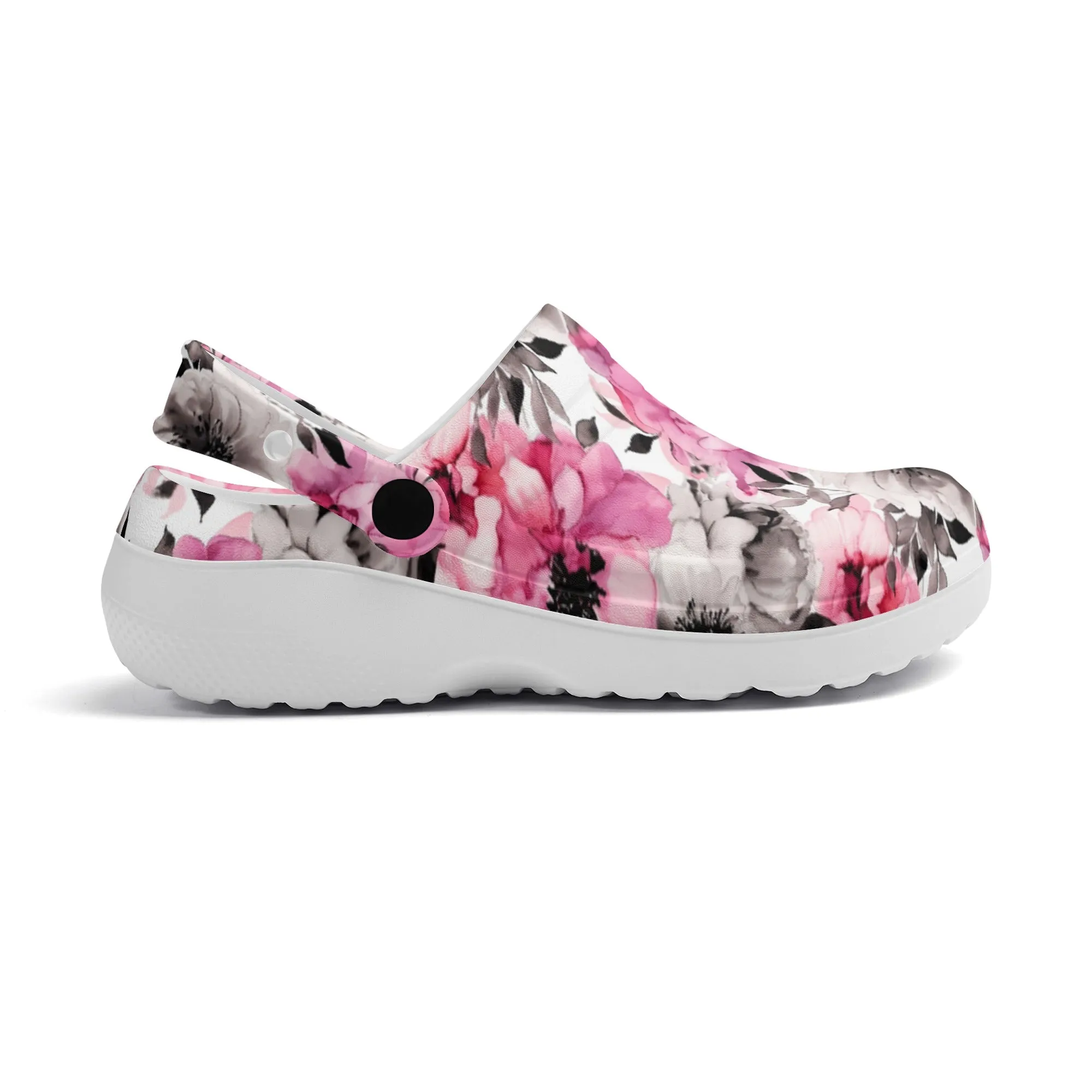 Graceful Elegance: Large Pink and Grey Watercolor Flower Design Casual Lightweight Slip On Nurse Style Clogs