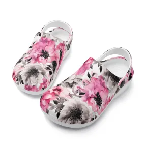 Graceful Elegance: Large Pink and Grey Watercolor Flower Design Casual Lightweight Slip On Nurse Style Clogs