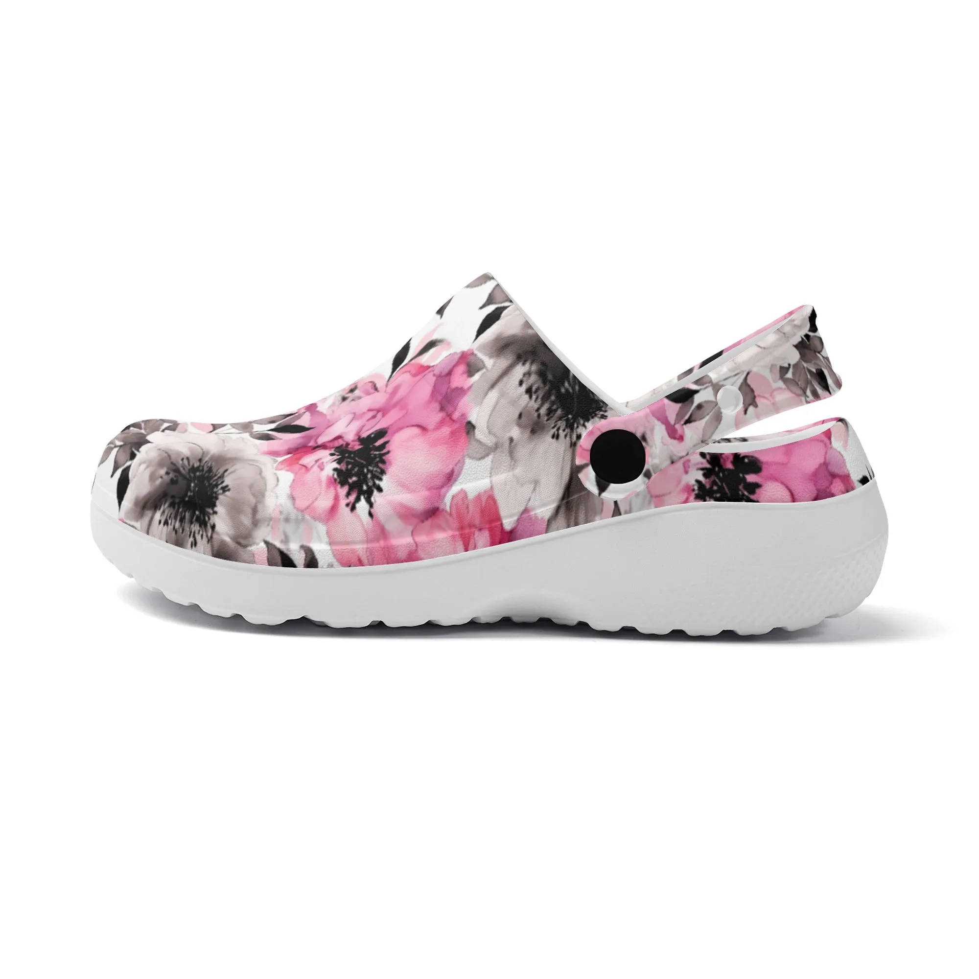 Graceful Elegance: Large Pink and Grey Watercolor Flower Design Casual Lightweight Slip On Nurse Style Clogs