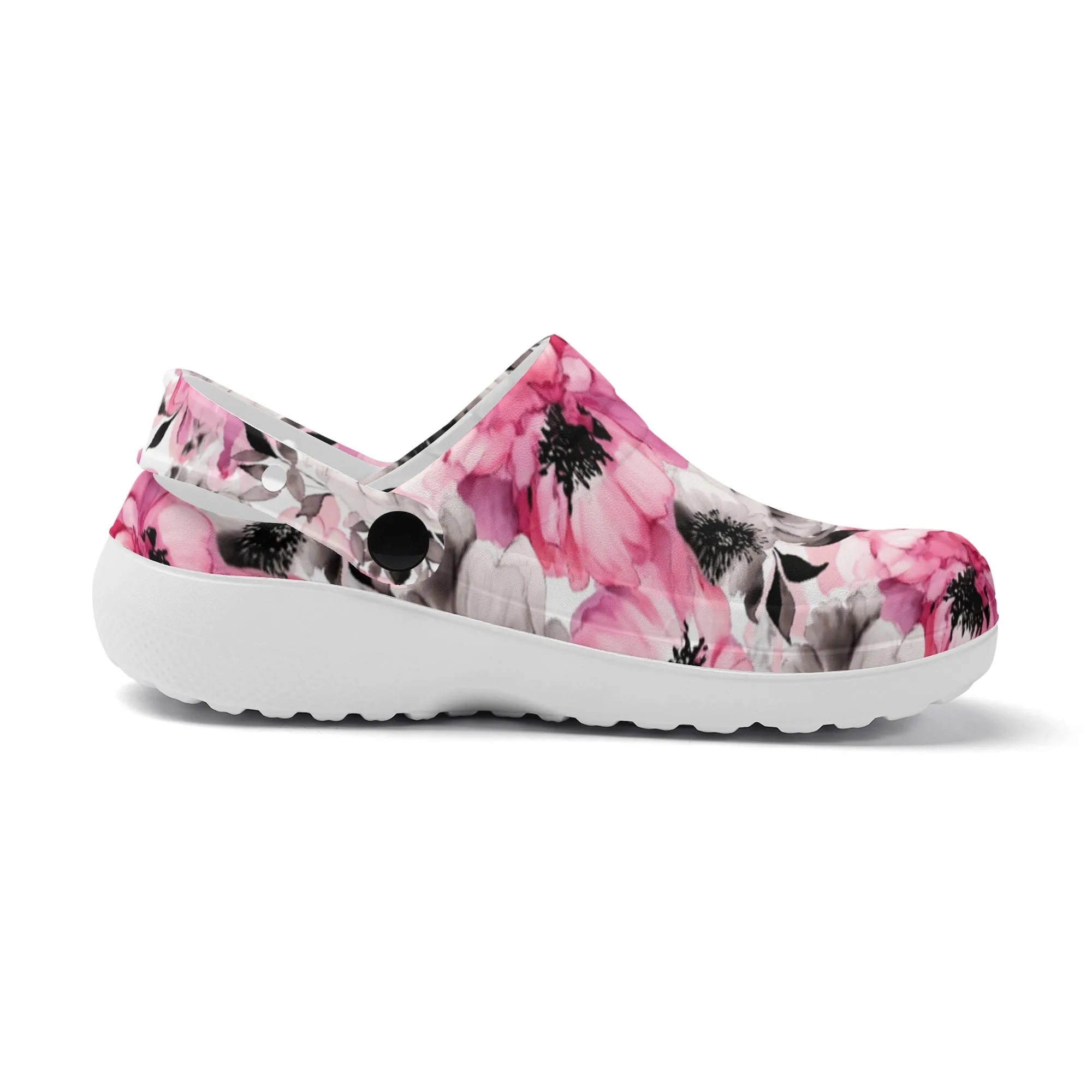 Graceful Elegance: Large Pink and Grey Watercolor Flower Design Casual Lightweight Slip On Nurse Style Clogs