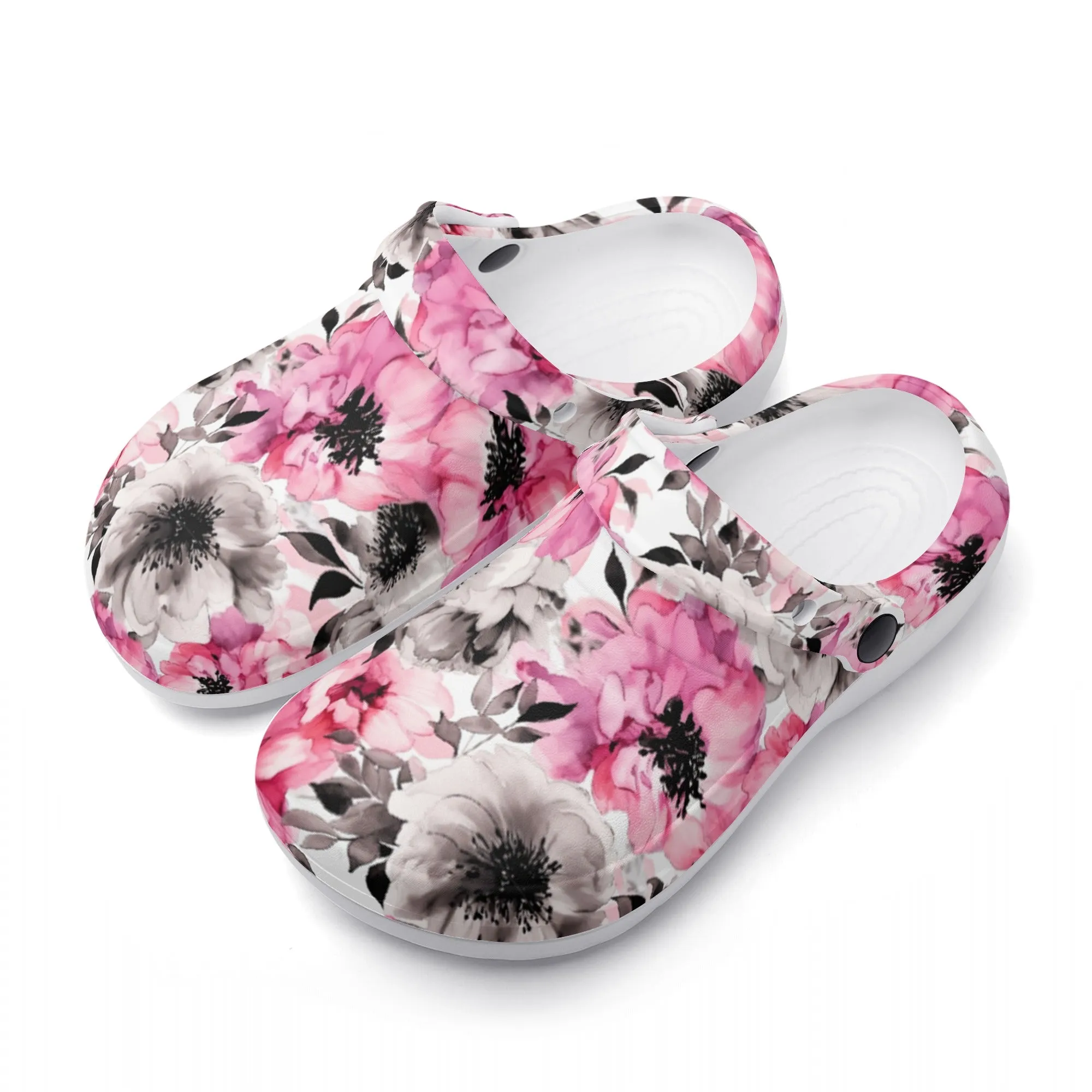 Graceful Elegance: Large Pink and Grey Watercolor Flower Design Casual Lightweight Slip On Nurse Style Clogs