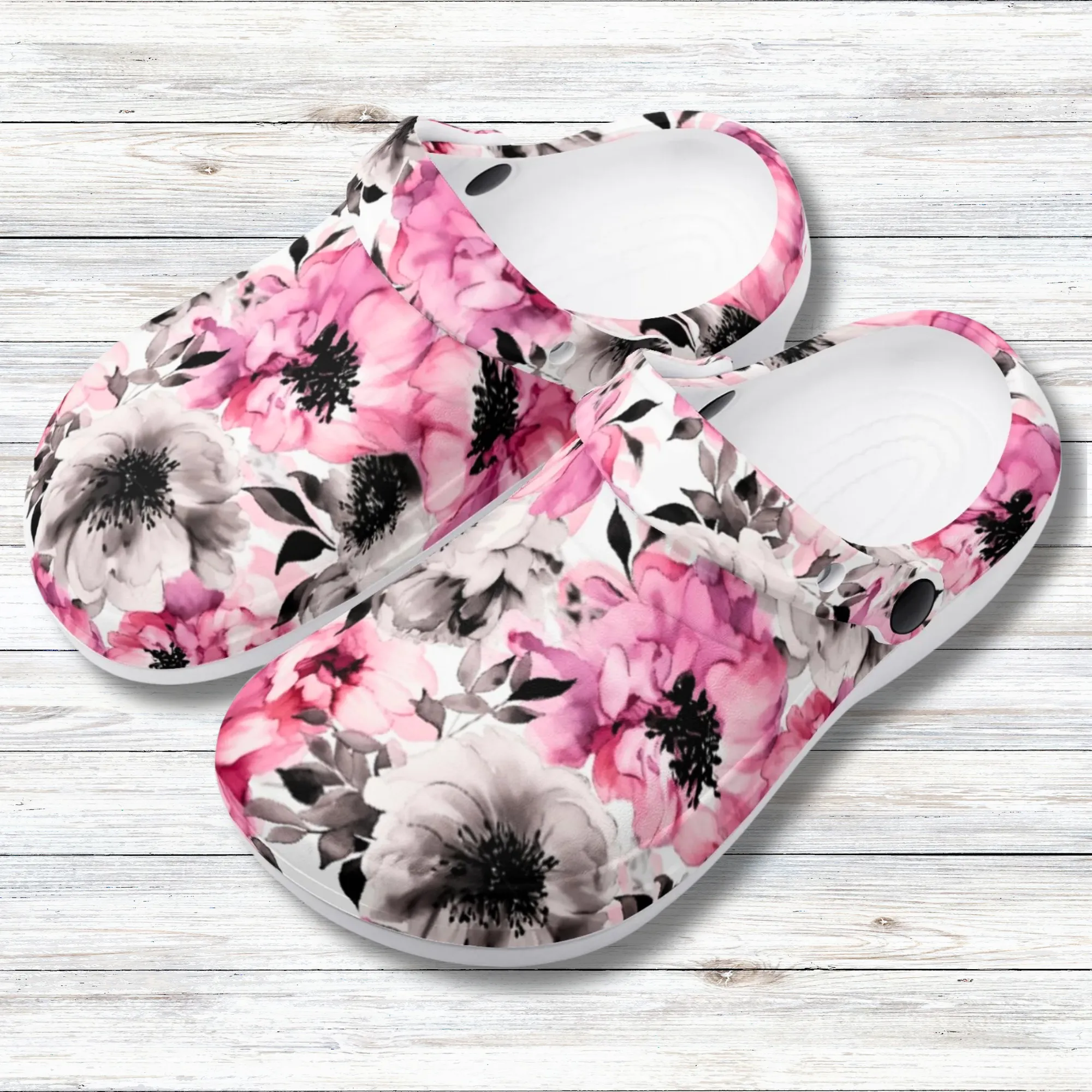 Graceful Elegance: Large Pink and Grey Watercolor Flower Design Casual Lightweight Slip On Nurse Style Clogs