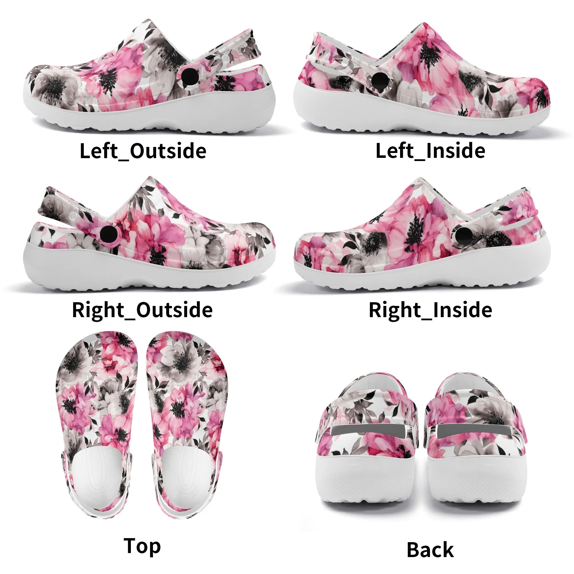 Graceful Elegance: Large Pink and Grey Watercolor Flower Design Casual Lightweight Slip On Nurse Style Clogs