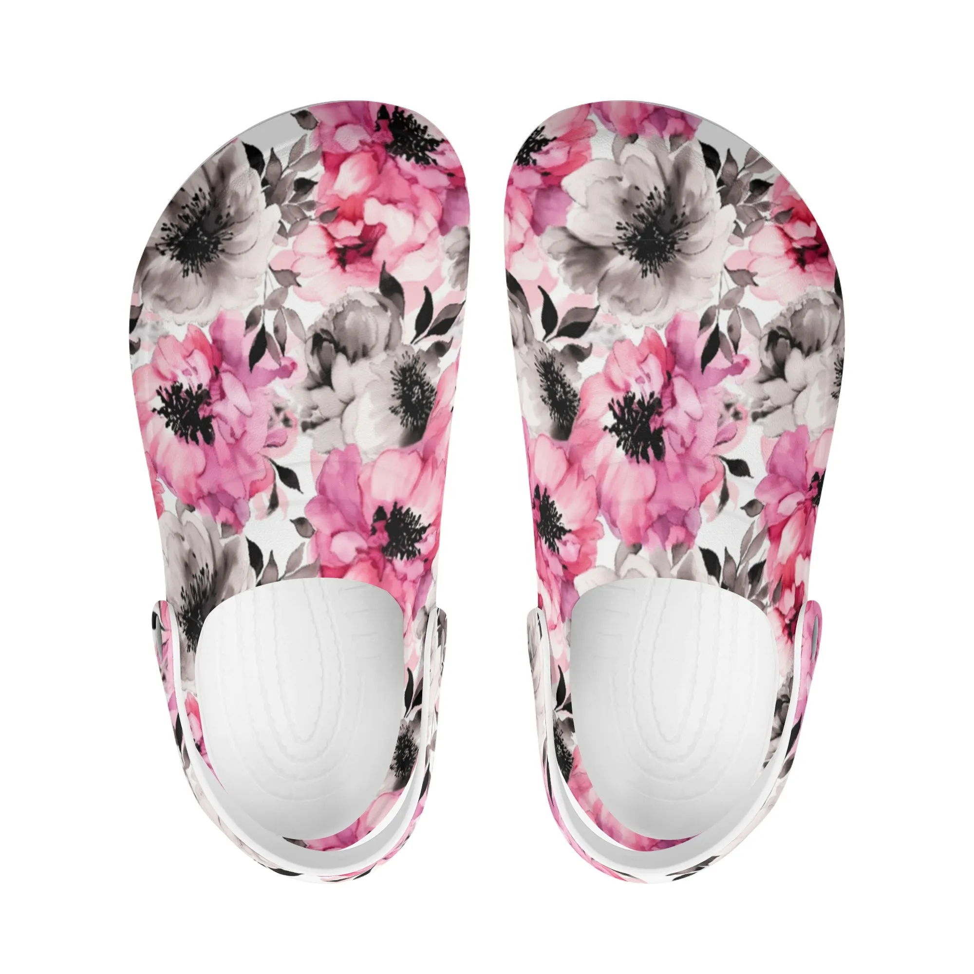 Graceful Elegance: Large Pink and Grey Watercolor Flower Design Casual Lightweight Slip On Nurse Style Clogs