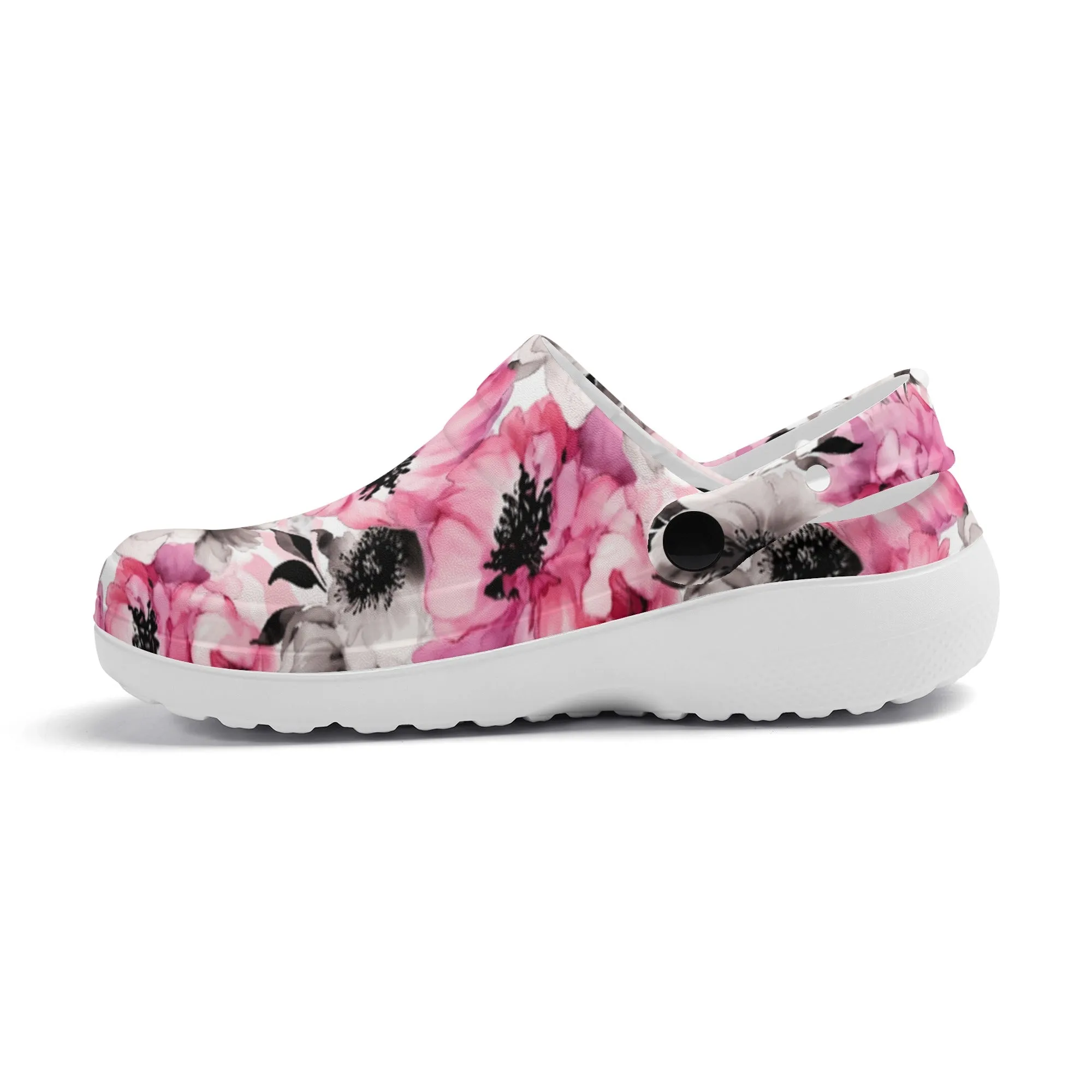 Graceful Elegance: Large Pink and Grey Watercolor Flower Design Casual Lightweight Slip On Nurse Style Clogs