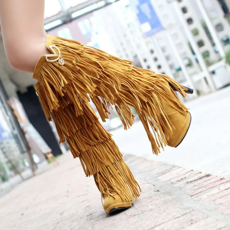 High Quality Multi-Layered Tassels Winter High Heels High Boots