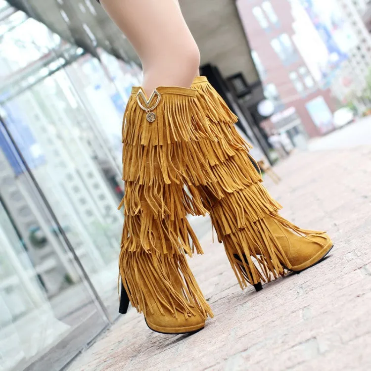 High Quality Multi-Layered Tassels Winter High Heels High Boots