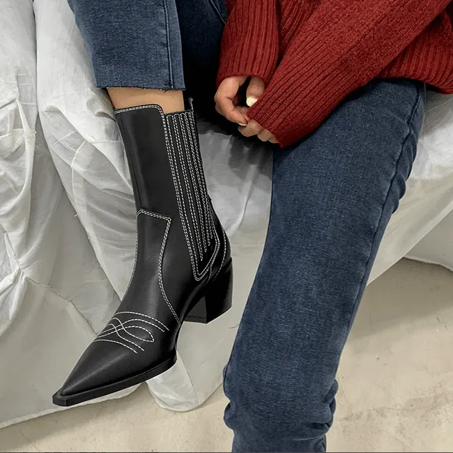 Leather Chunky Heel Point Toe Calf Boots