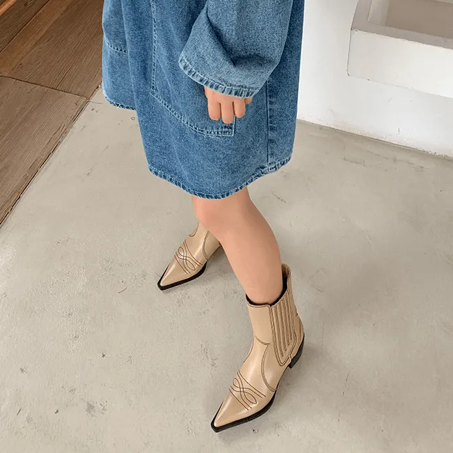 Leather Chunky Heel Point Toe Calf Boots