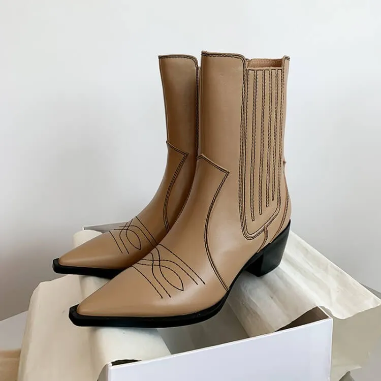 Leather Chunky Heel Point Toe Calf Boots