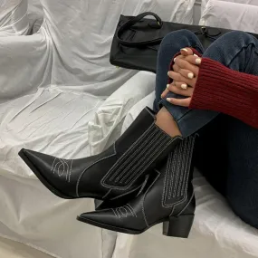 Leather Chunky Heel Point Toe Calf Boots