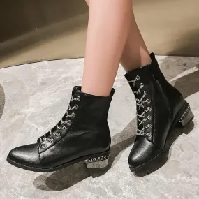 Leather Lace Up Low Heel Ankle Martin Boots