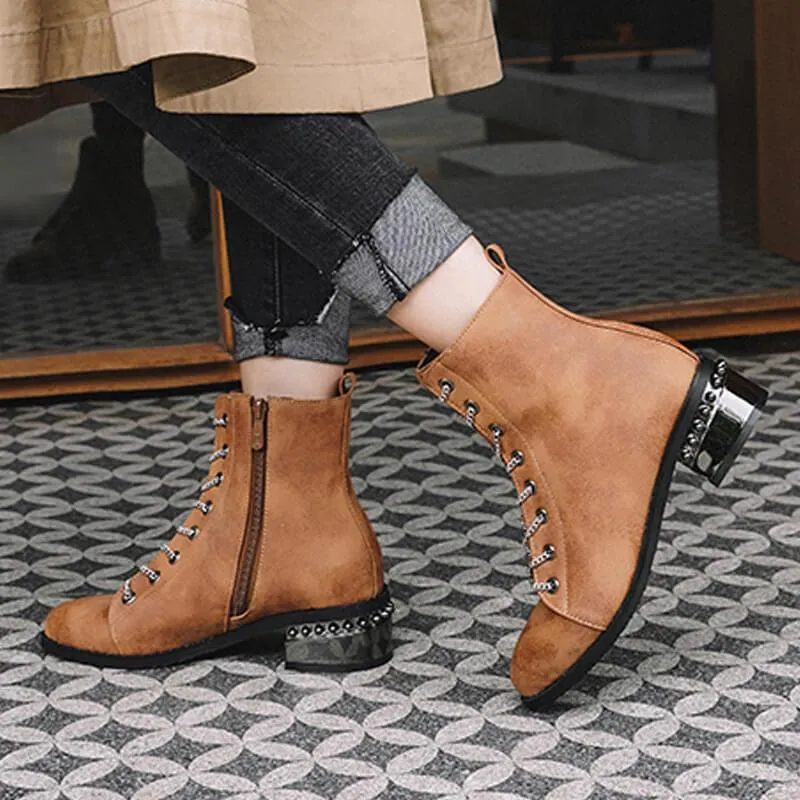Leather Lace Up Low Heel Ankle Martin Boots
