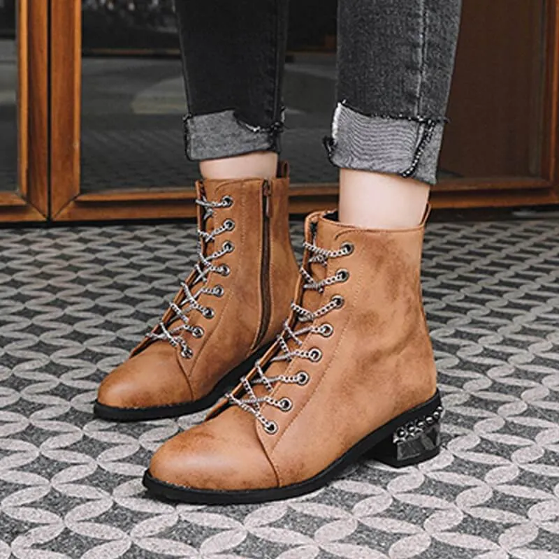 Leather Lace Up Low Heel Ankle Martin Boots