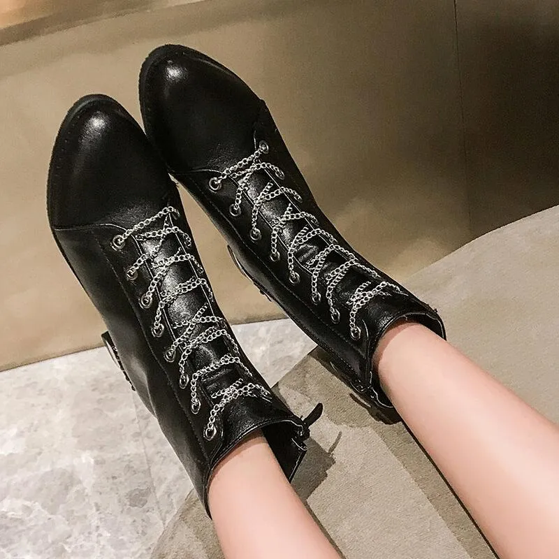 Leather Lace Up Low Heel Ankle Martin Boots