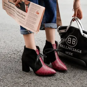 Leather Snakeskin Lace Up Chunky Heel Ankle Boots