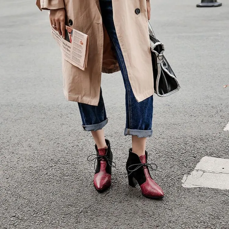 Leather Snakeskin Lace Up Chunky Heel Ankle Boots
