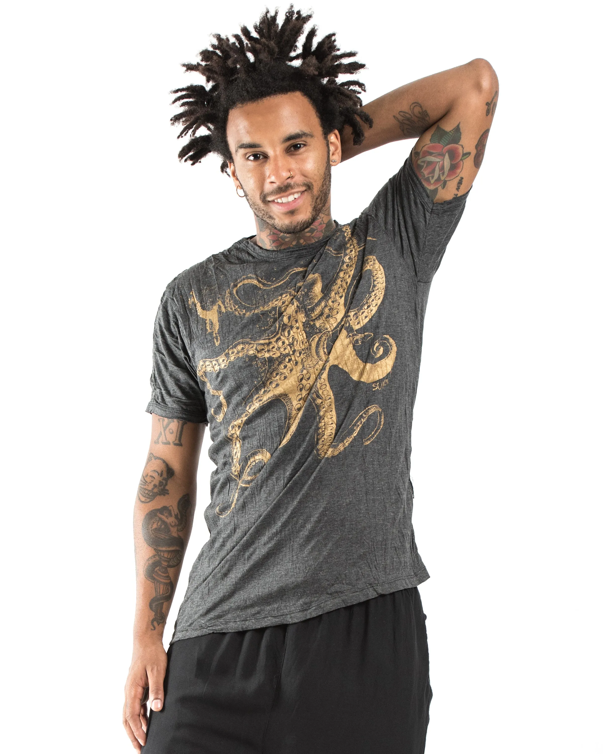 Mens Octopus T-Shirt in Gold on Black