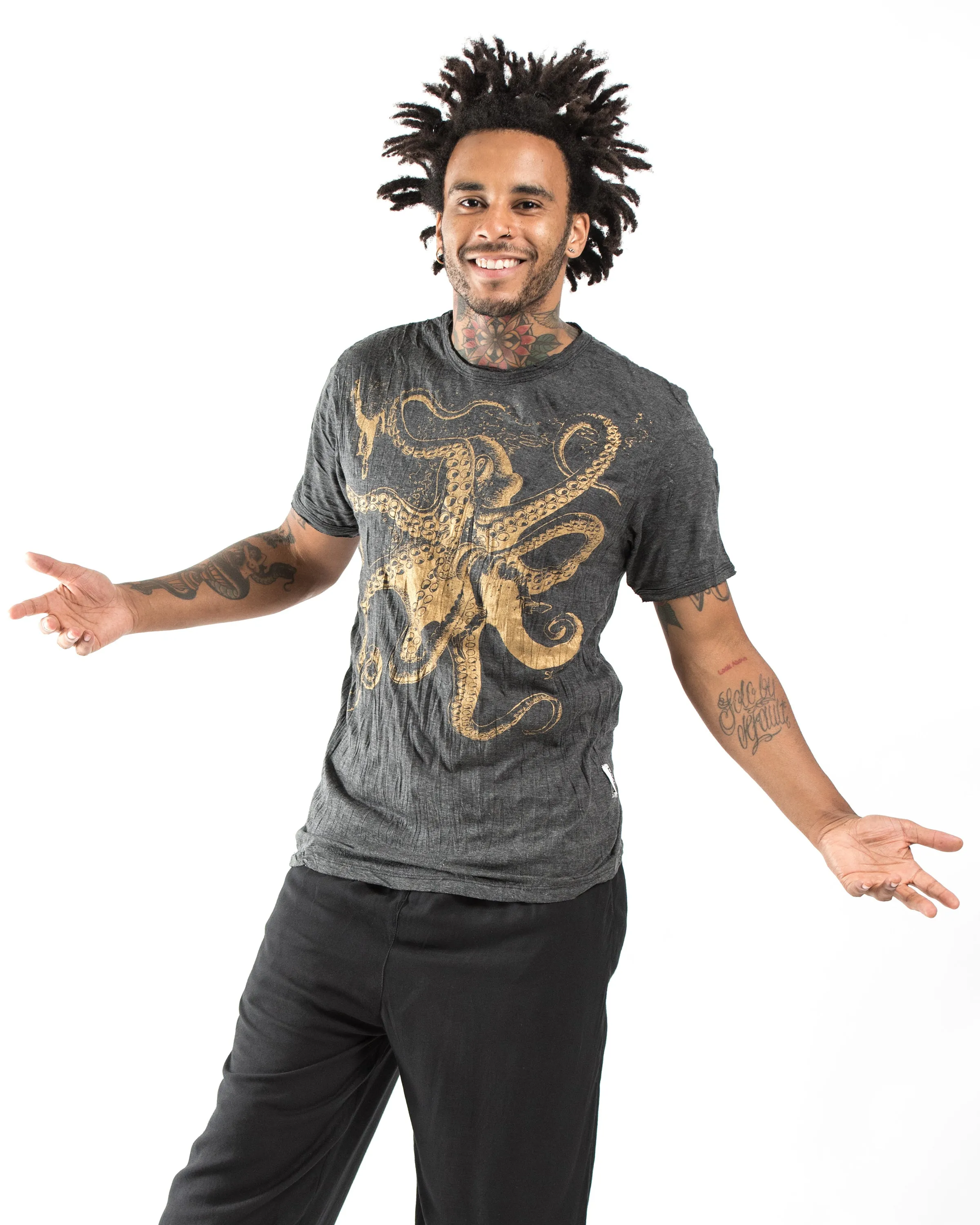 Mens Octopus T-Shirt in Gold on Black