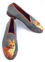 Misses Hand Stitched Fox on Sage Needlepoint Loafer