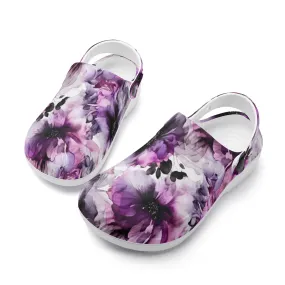 Regal Splendor: Large Purple and Grey Watercolor Flower Design Casual Lightweight Slip On Nurse Style Clogs