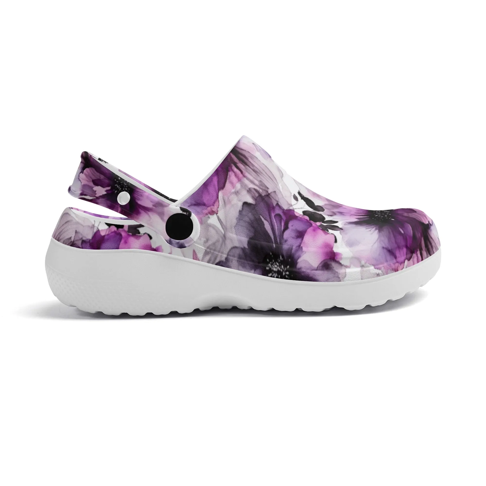 Regal Splendor: Large Purple and Grey Watercolor Flower Design Casual Lightweight Slip On Nurse Style Clogs