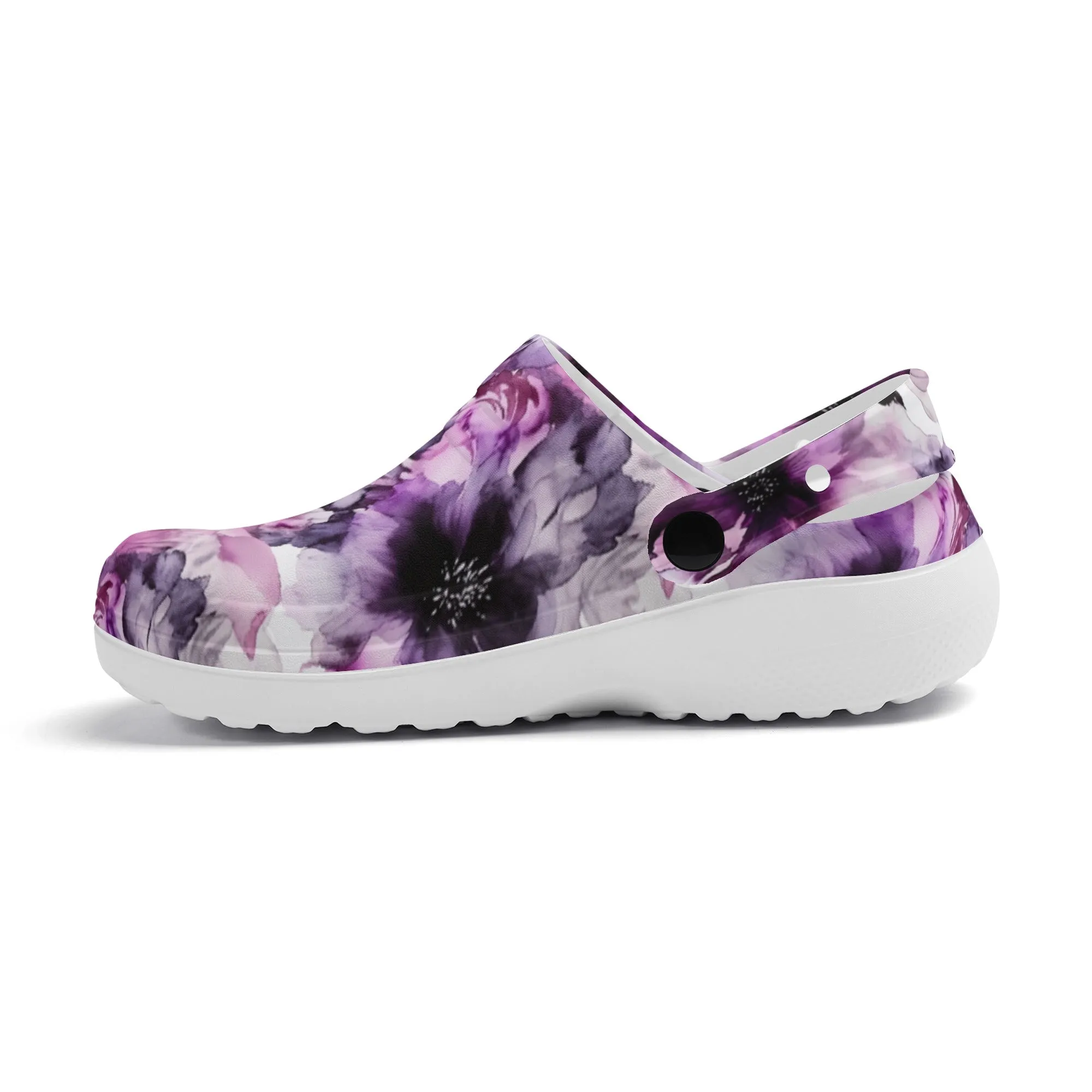 Regal Splendor: Large Purple and Grey Watercolor Flower Design Casual Lightweight Slip On Nurse Style Clogs