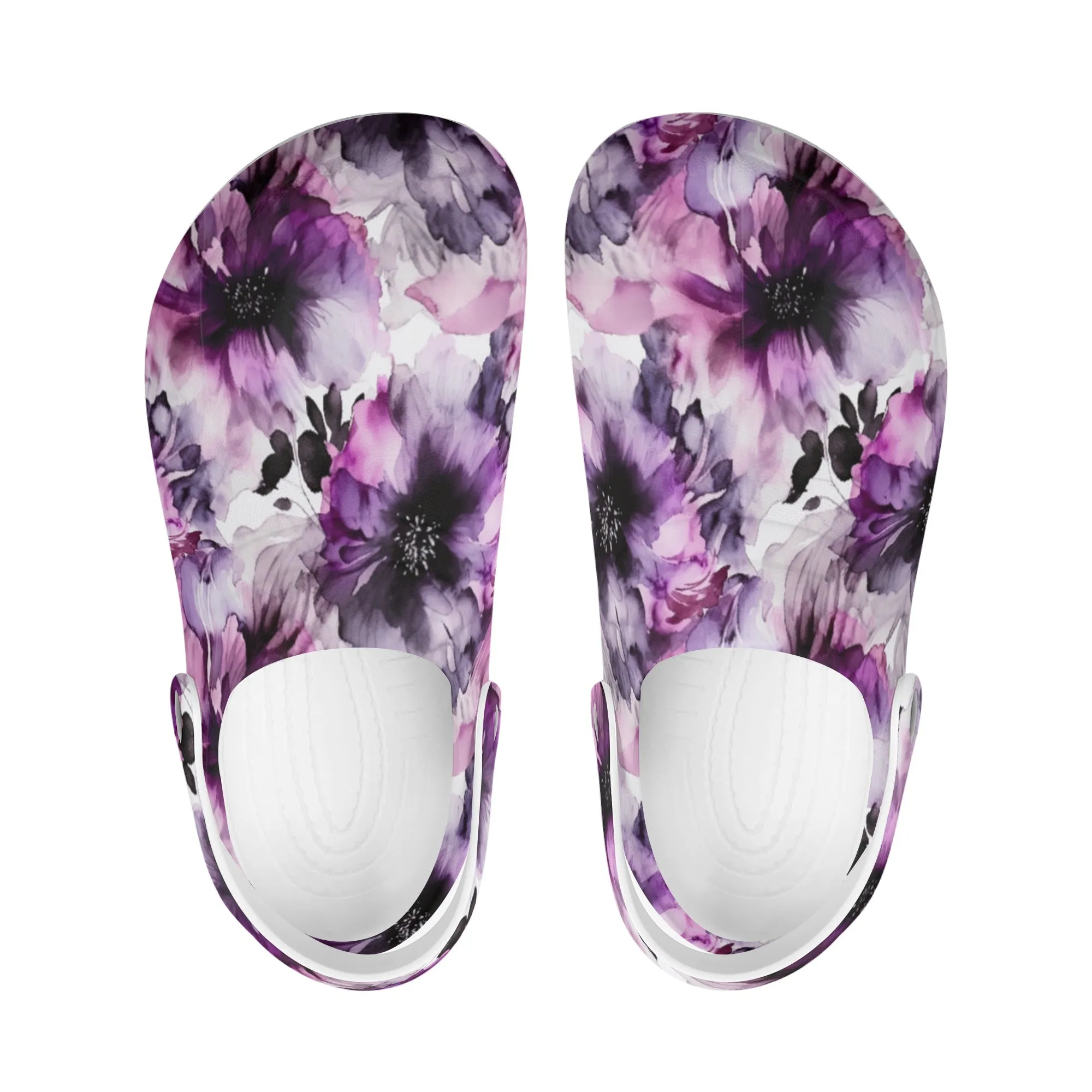 Regal Splendor: Large Purple and Grey Watercolor Flower Design Casual Lightweight Slip On Nurse Style Clogs