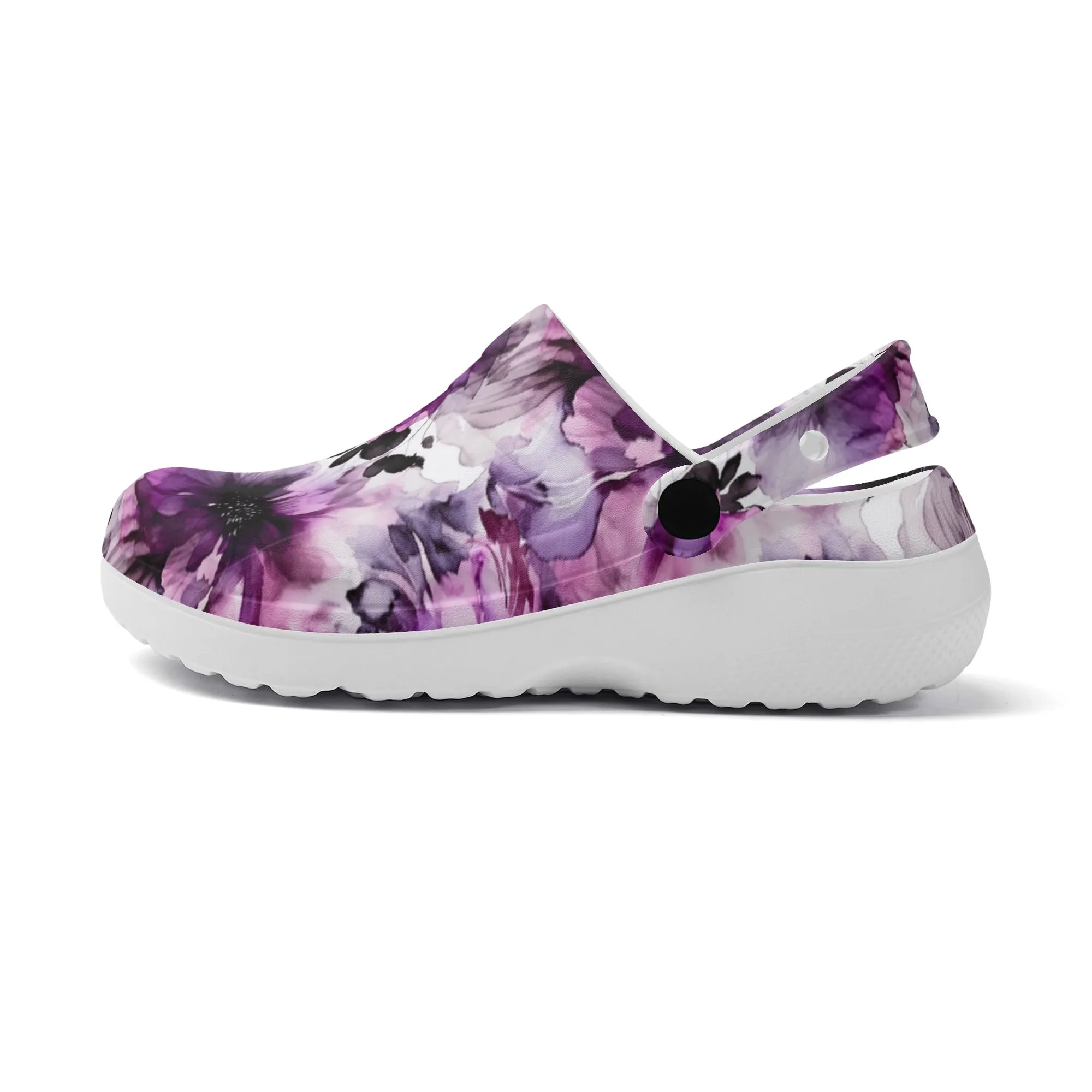 Regal Splendor: Large Purple and Grey Watercolor Flower Design Casual Lightweight Slip On Nurse Style Clogs