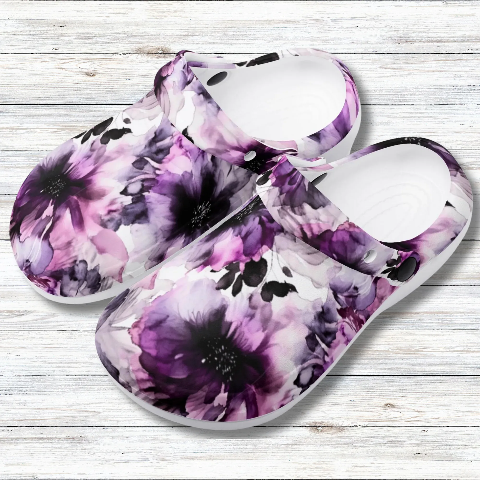 Regal Splendor: Large Purple and Grey Watercolor Flower Design Casual Lightweight Slip On Nurse Style Clogs