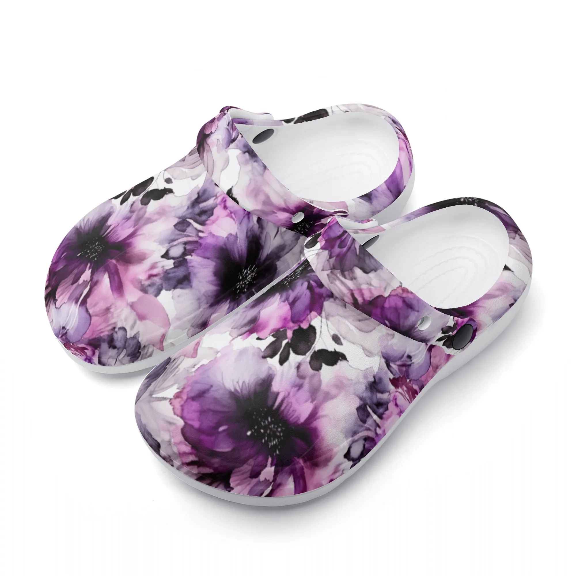 Regal Splendor: Large Purple and Grey Watercolor Flower Design Casual Lightweight Slip On Nurse Style Clogs