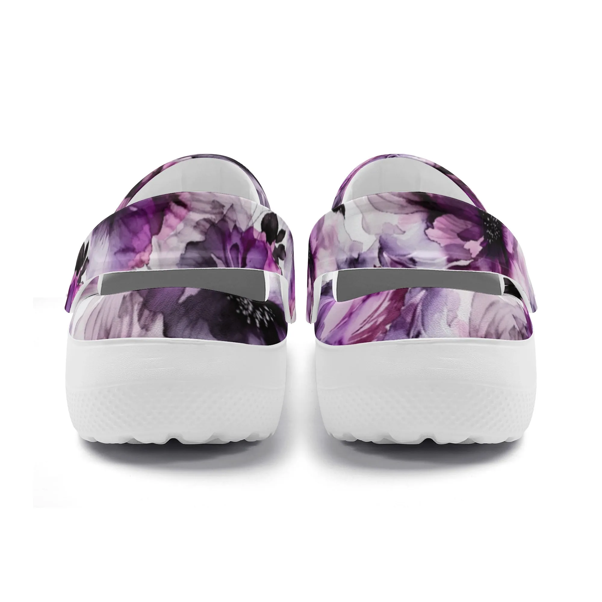 Regal Splendor: Large Purple and Grey Watercolor Flower Design Casual Lightweight Slip On Nurse Style Clogs