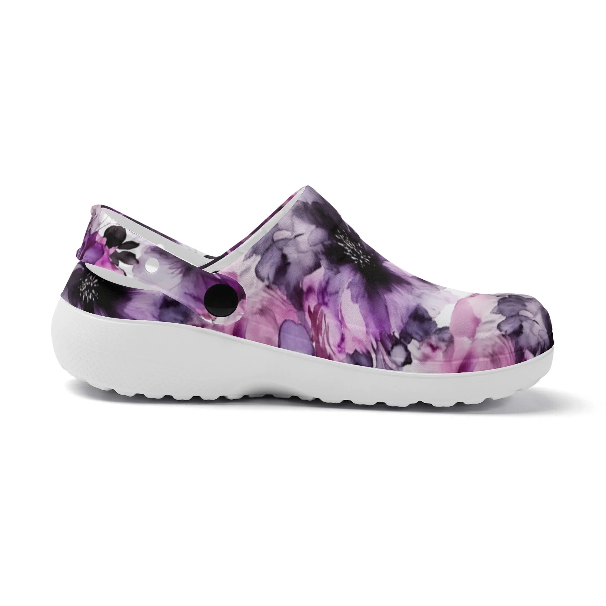 Regal Splendor: Large Purple and Grey Watercolor Flower Design Casual Lightweight Slip On Nurse Style Clogs