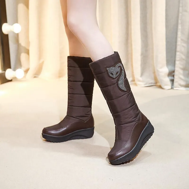 Rhinestone Platform Flat Round Toe Mid Calf Boots