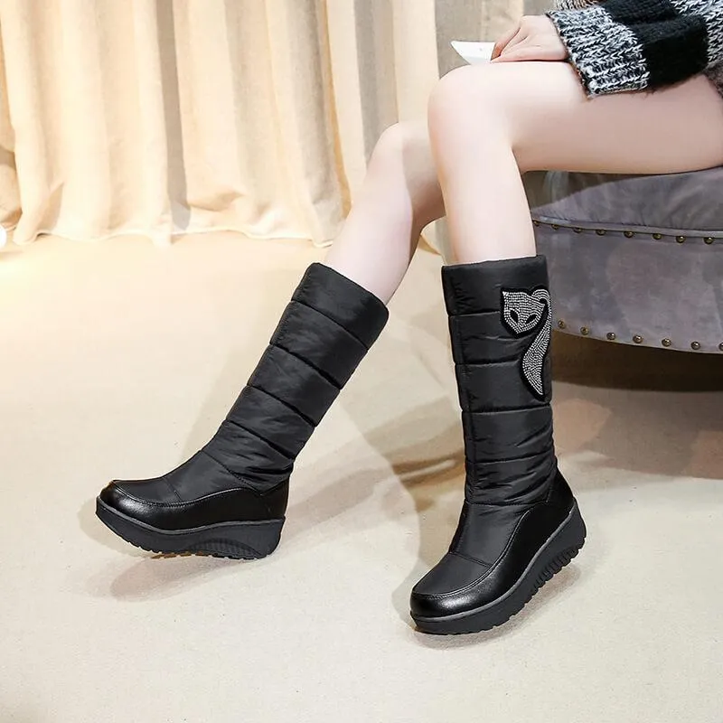 Rhinestone Platform Flat Round Toe Mid Calf Boots