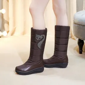 Rhinestone Platform Flat Round Toe Mid Calf Boots