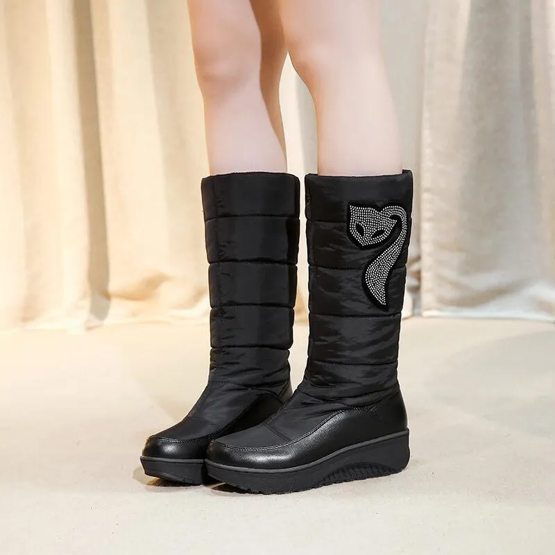 Rhinestone Platform Flat Round Toe Mid Calf Boots