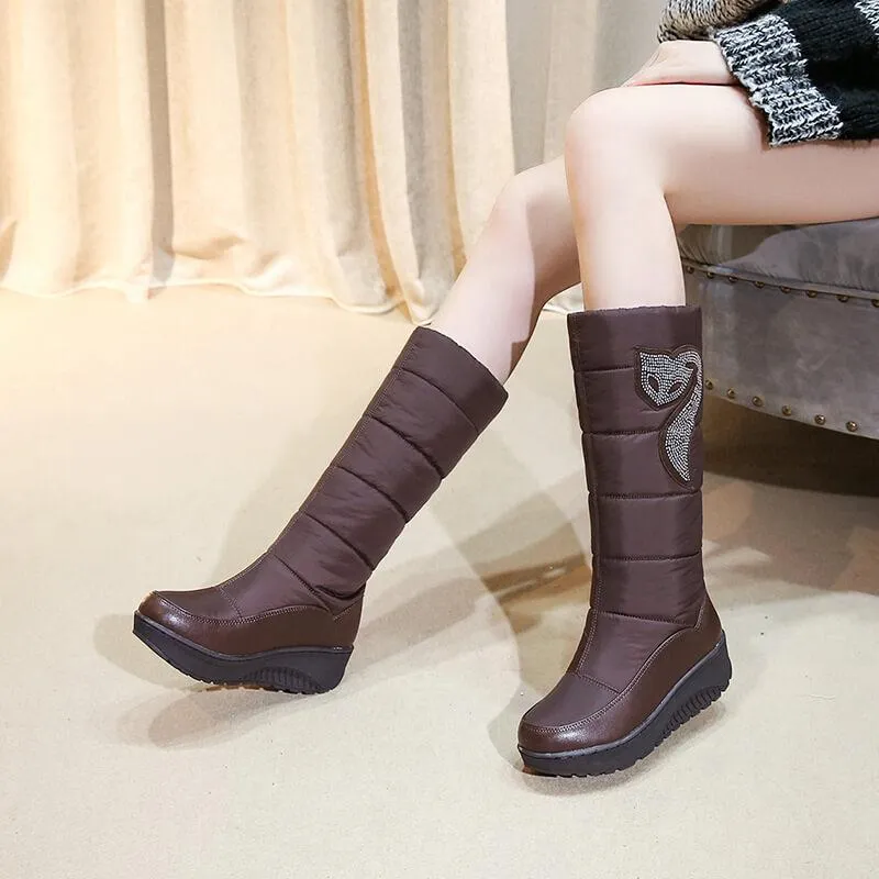 Rhinestone Platform Flat Round Toe Mid Calf Boots