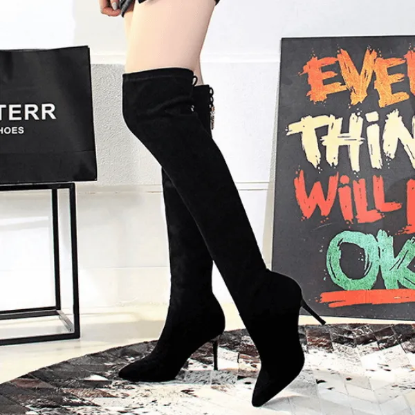 Simple Black Suede Point Toe High Heel Over Knee Boots