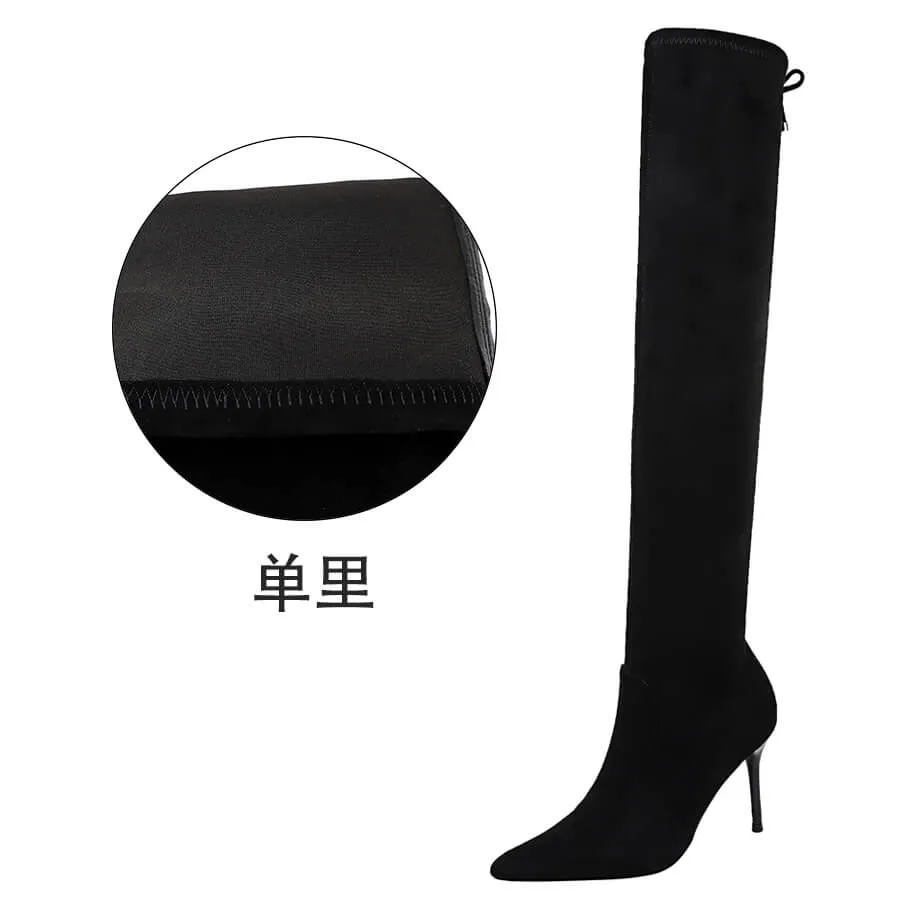 Simple Black Suede Point Toe High Heel Over Knee Boots