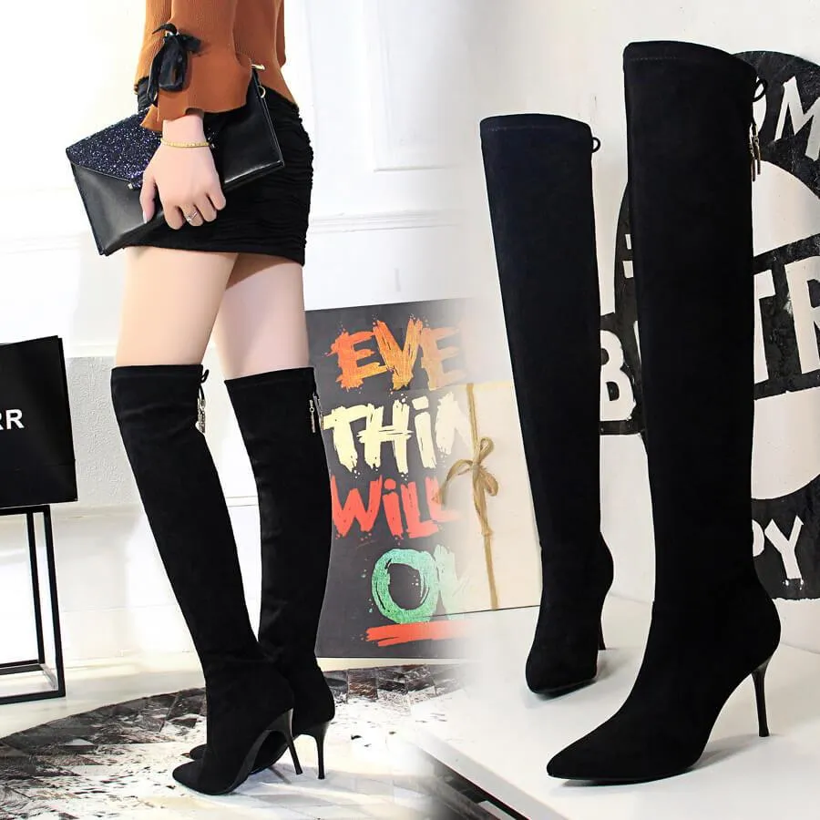 Simple Black Suede Point Toe High Heel Over Knee Boots
