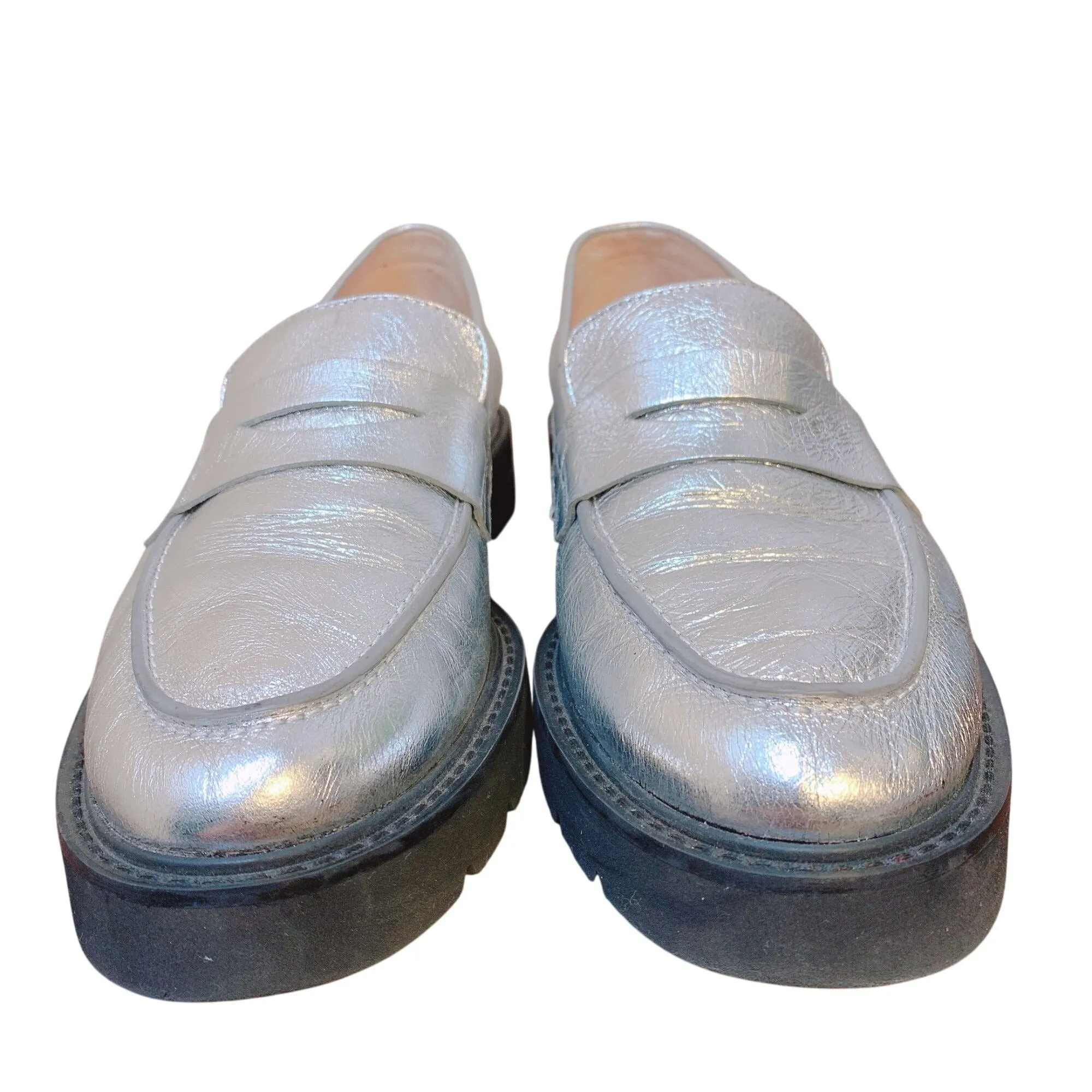 Stuart Weitzman Metallic Silver Leather Loafers 8