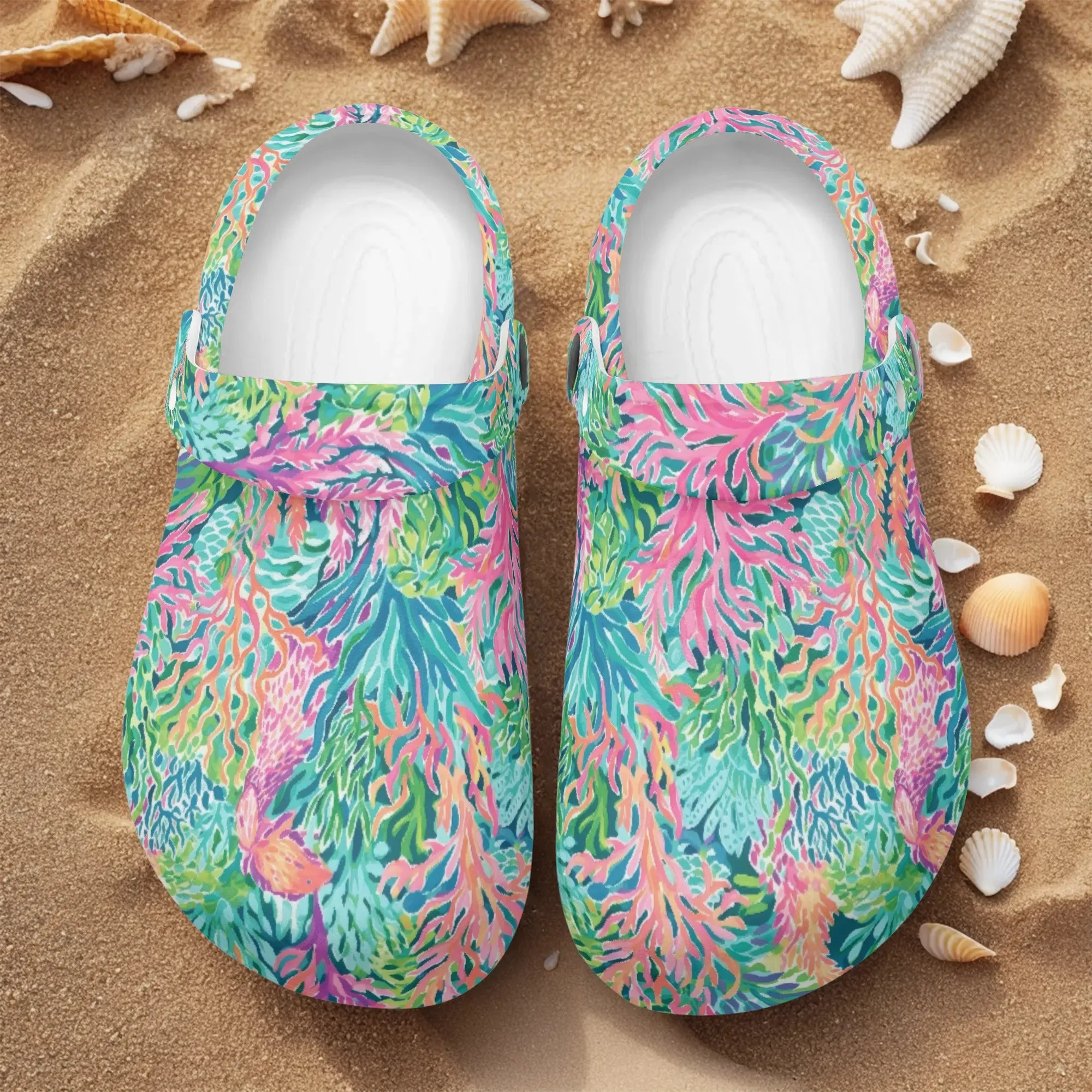 Submerged Spectrum: Vibrant Watercolor Depiction of Underwater Coral Casual Lightweight Slip On Nurse Style Clogs