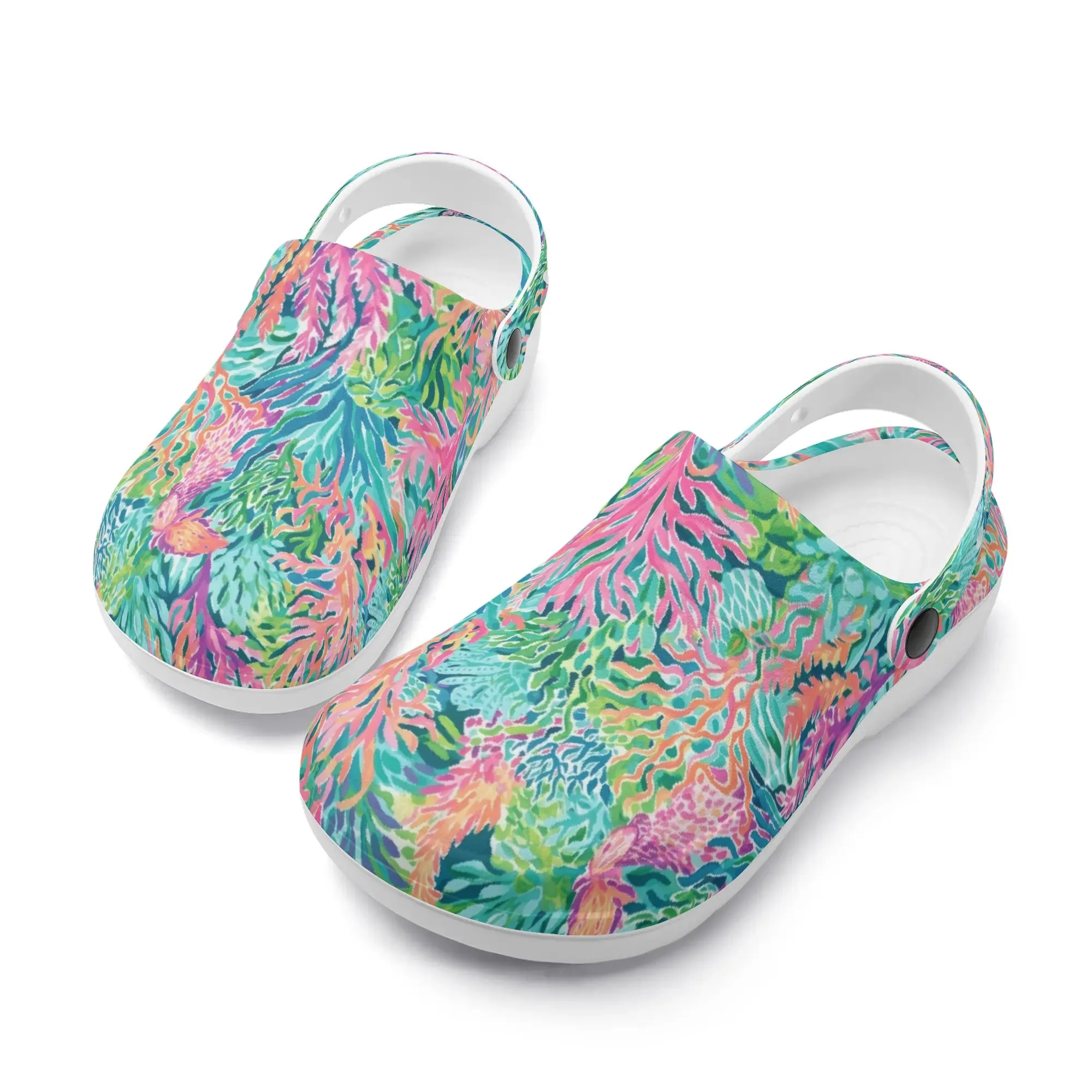 Submerged Spectrum: Vibrant Watercolor Depiction of Underwater Coral Casual Lightweight Slip On Nurse Style Clogs