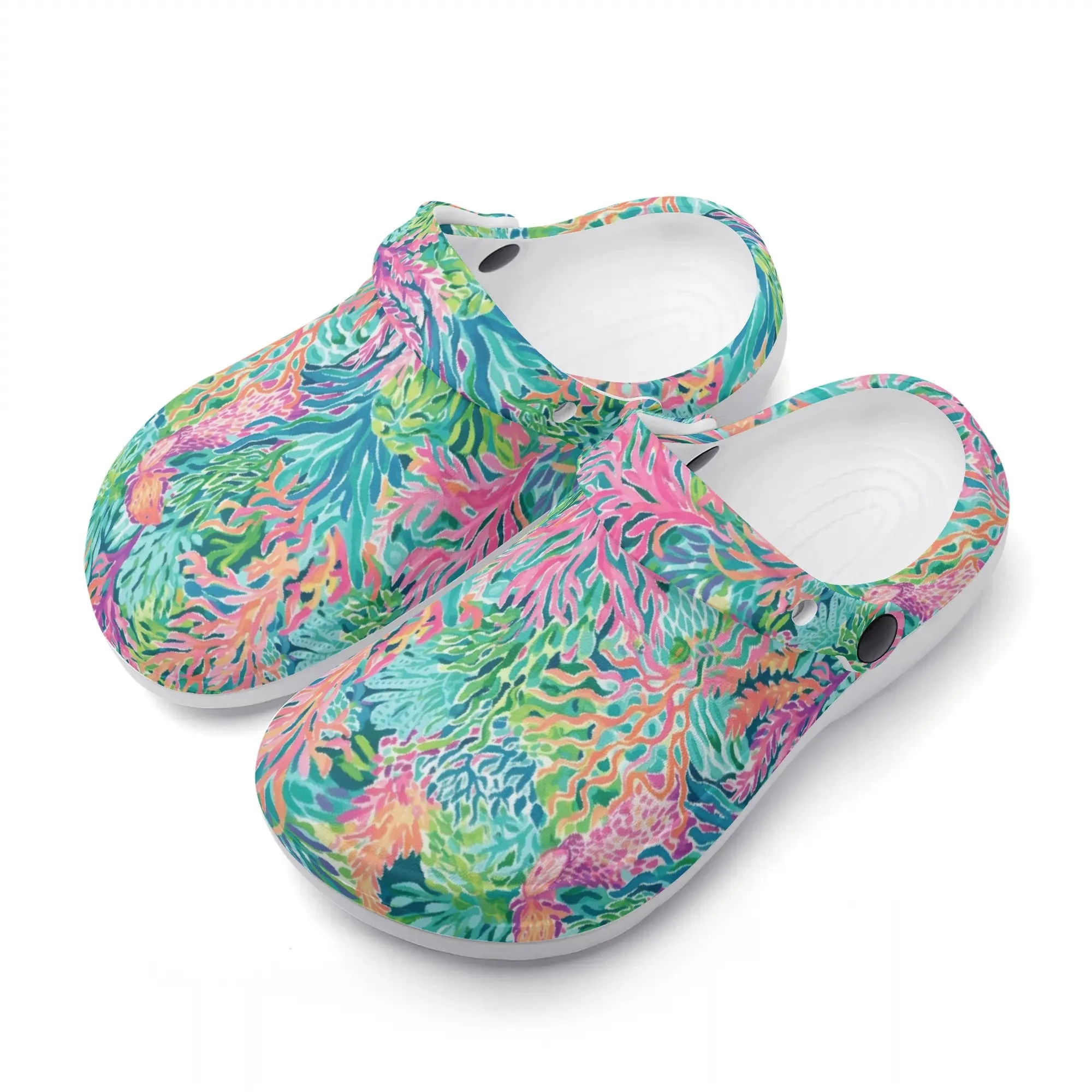 Submerged Spectrum: Vibrant Watercolor Depiction of Underwater Coral Casual Lightweight Slip On Nurse Style Clogs